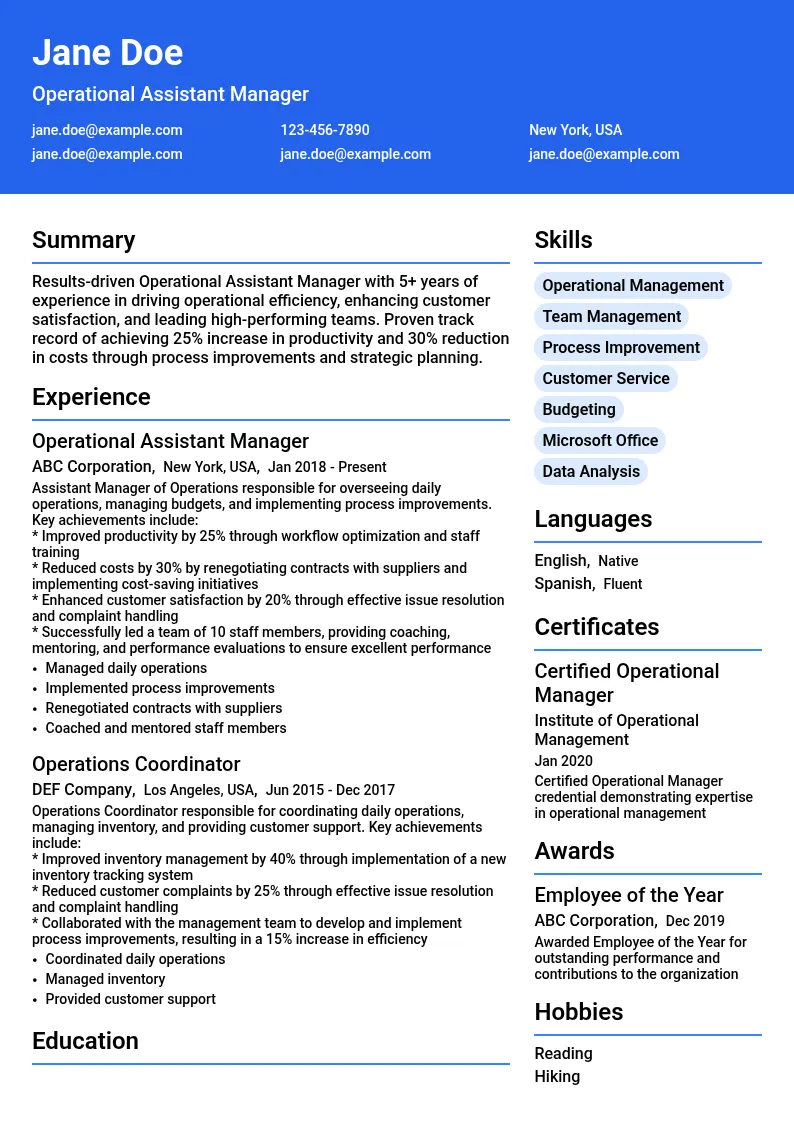 Operational Assistant Manager resume example
