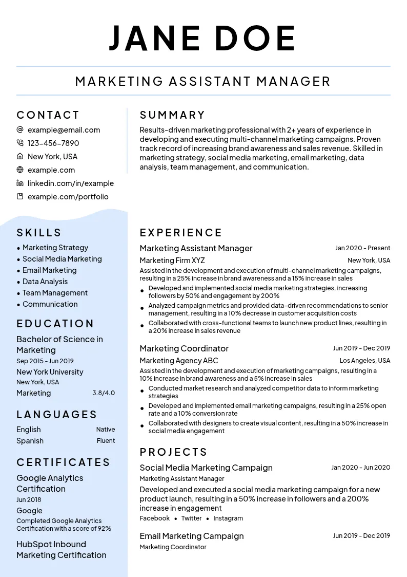 Marketing Assistant Manager resume example