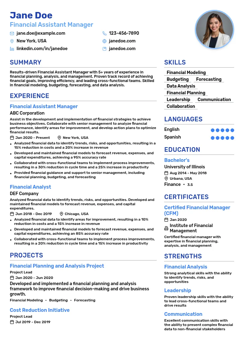 Financial Assistant Manager resume example