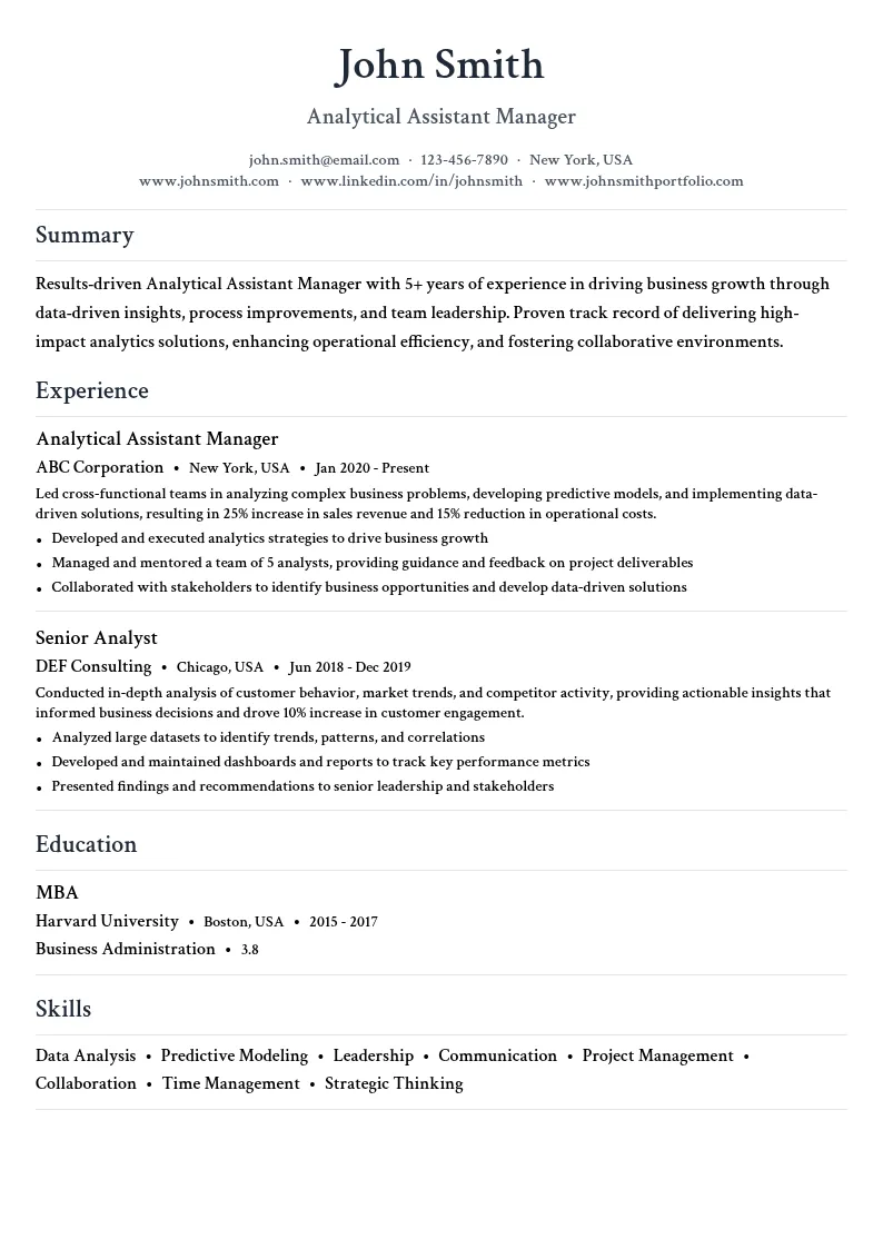 Analytical Assistant Manager resume example