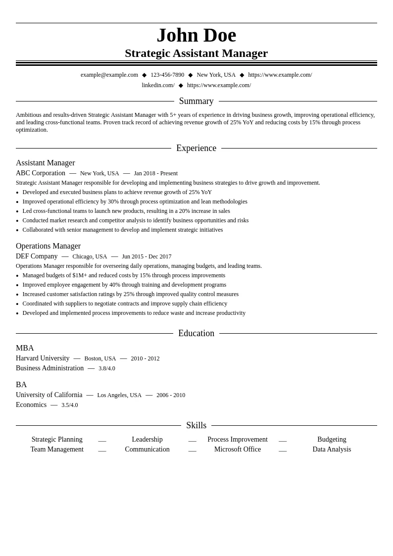 Strategic Assistant Manager resume example