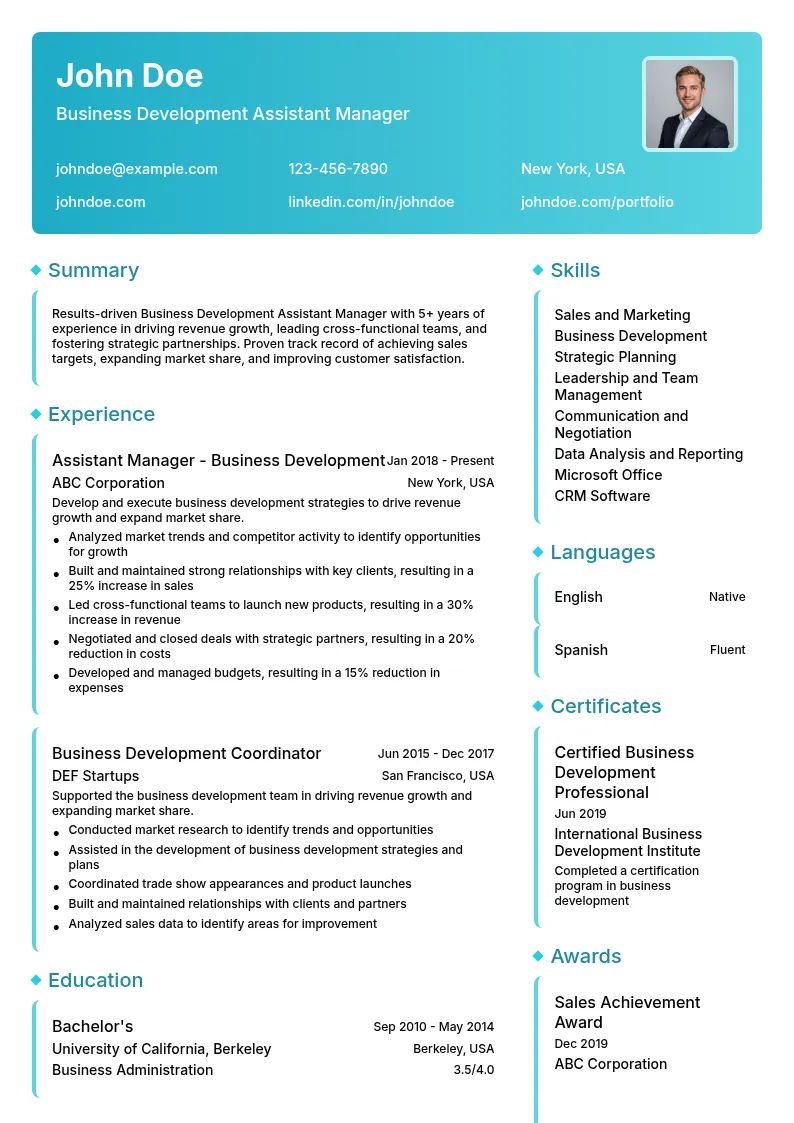 Business Development Assistant Manager resume example