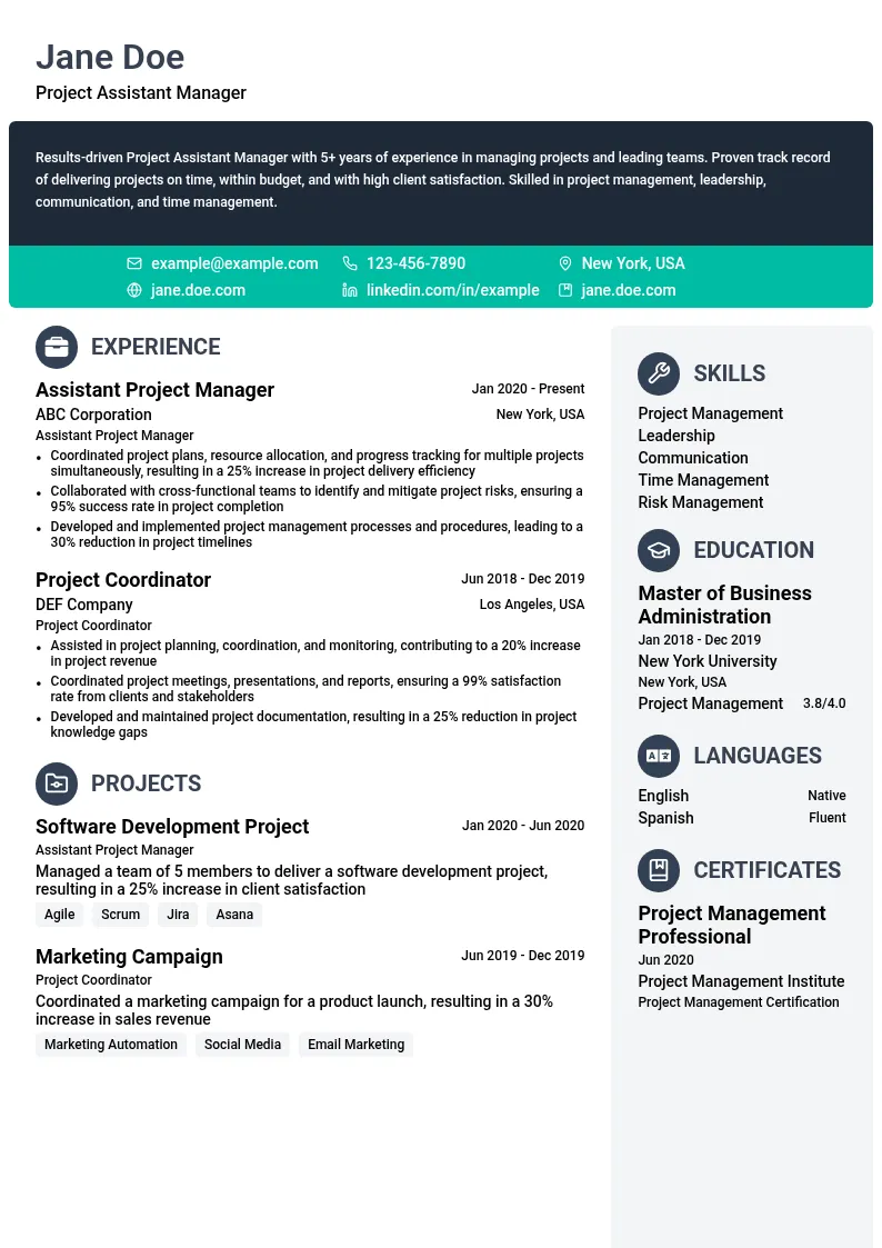 Project Assistant Manager resume example