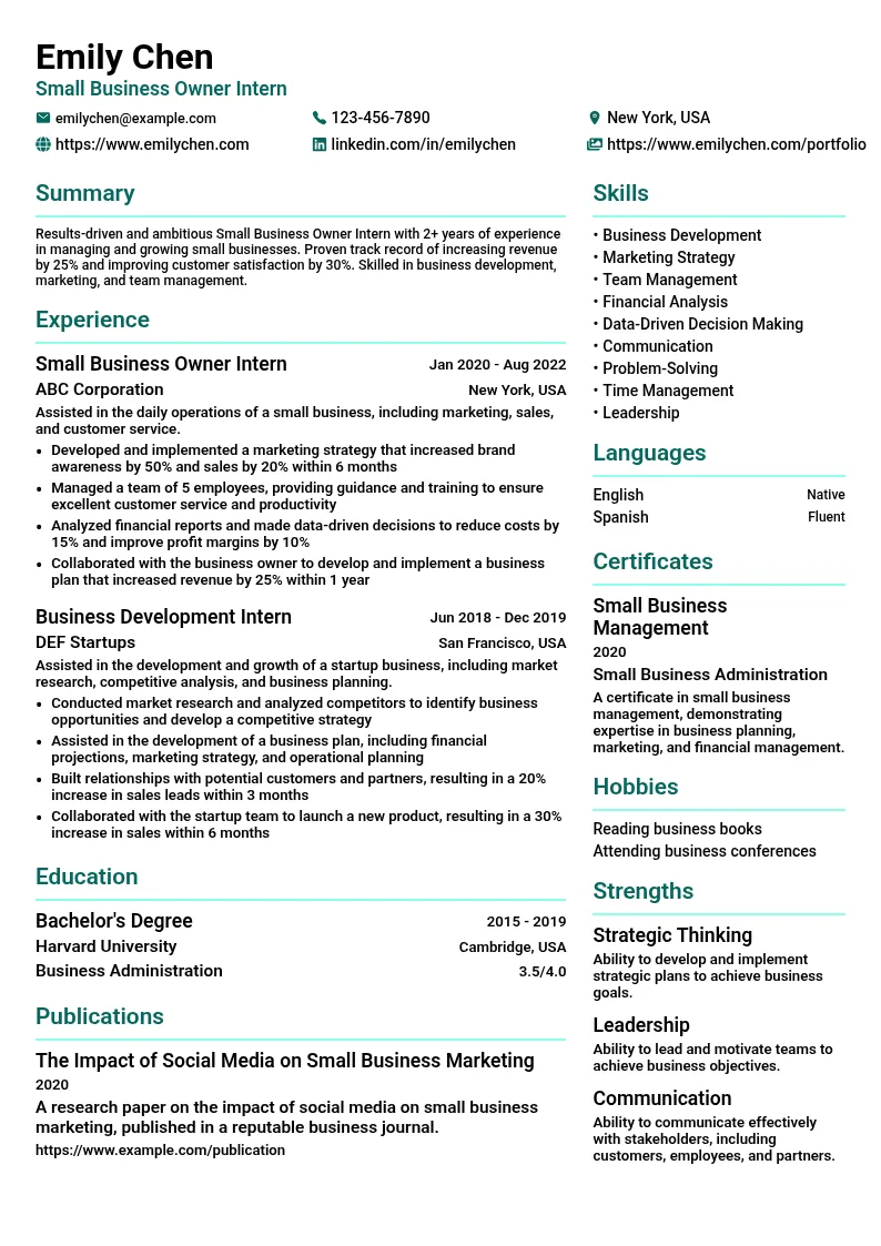 Small Business Owner Intern resume example
