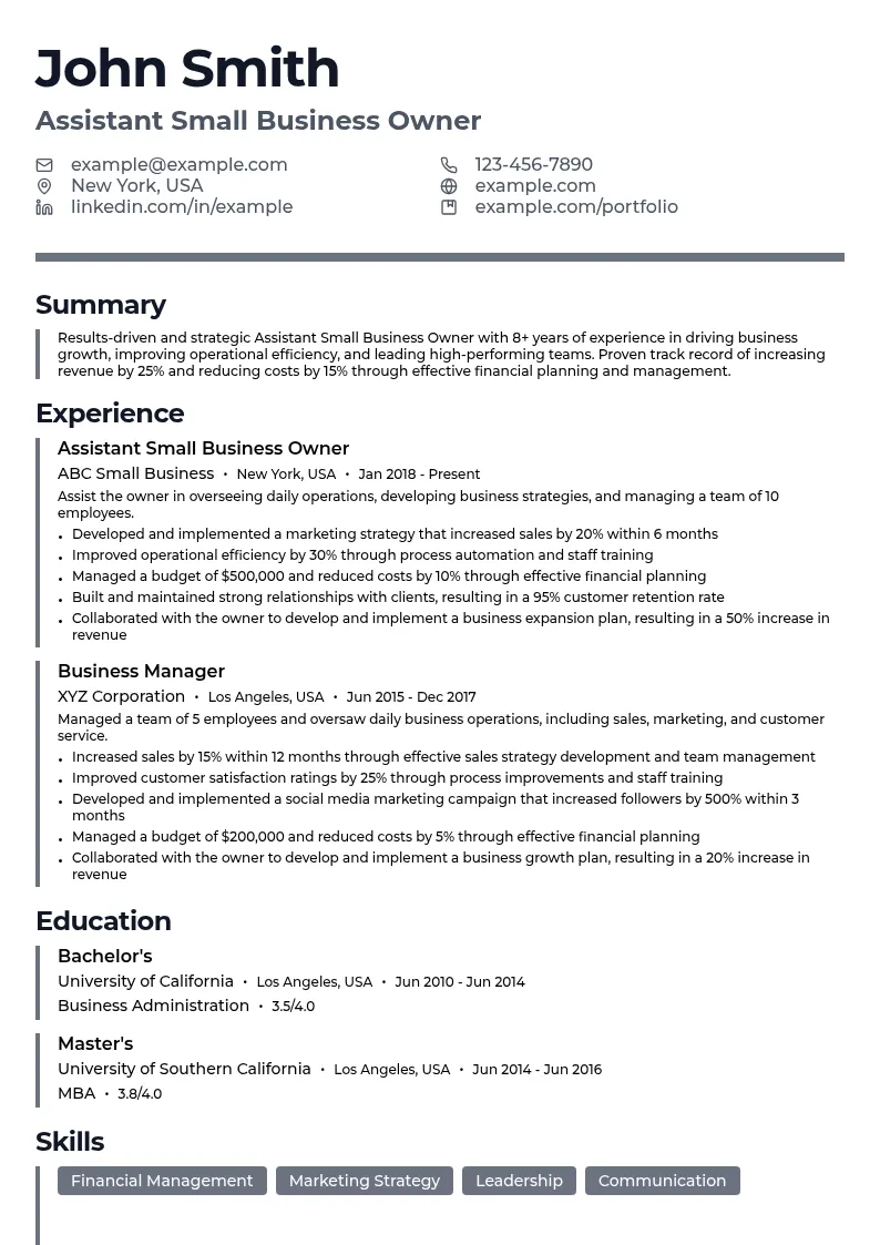 Assistant Small Business Owner resume example