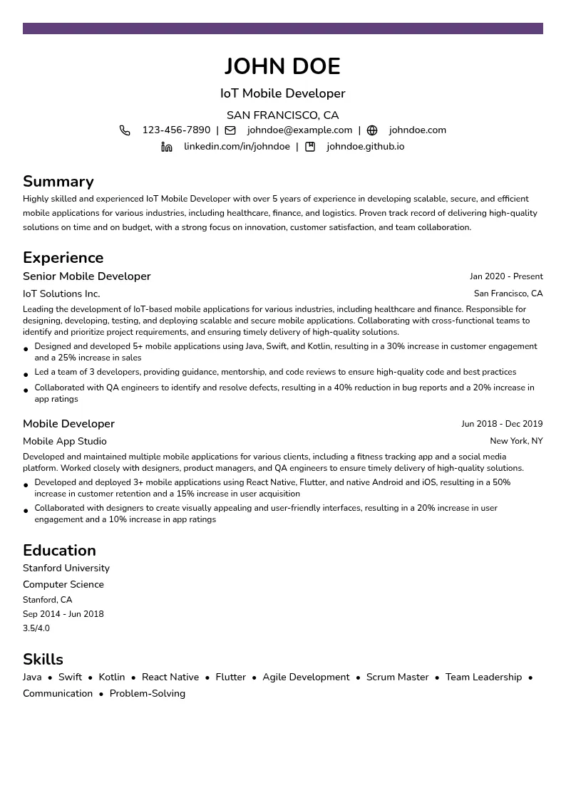 IoT Mobile Developer resume example