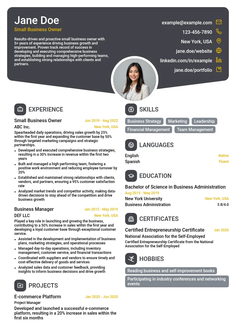 Small Business Owner resume example