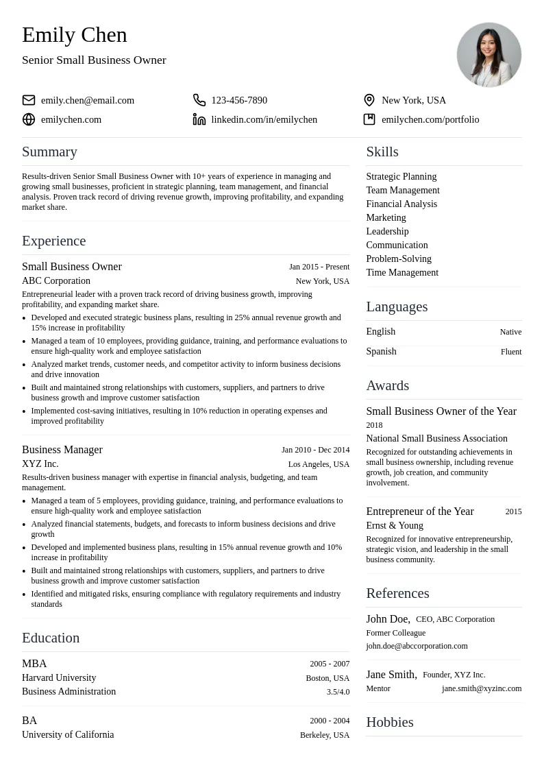 Senior Small Business Owner resume example