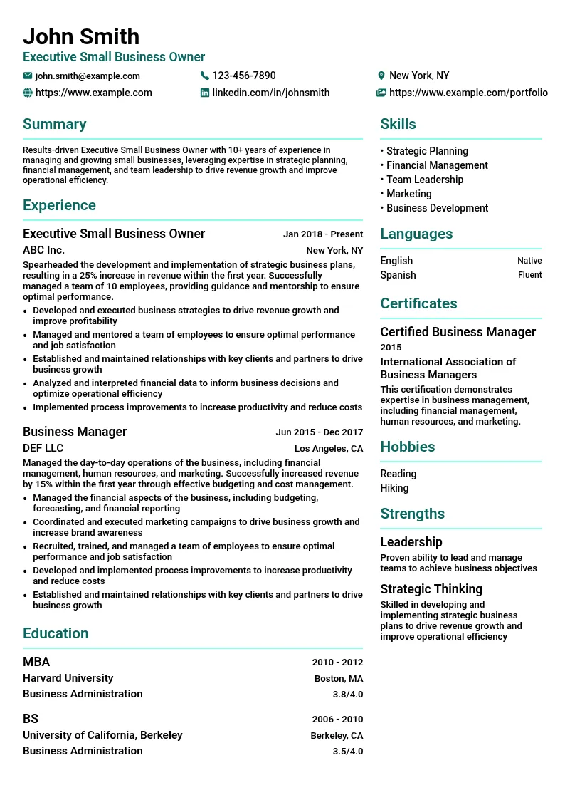 Executive Small Business Owner resume example
