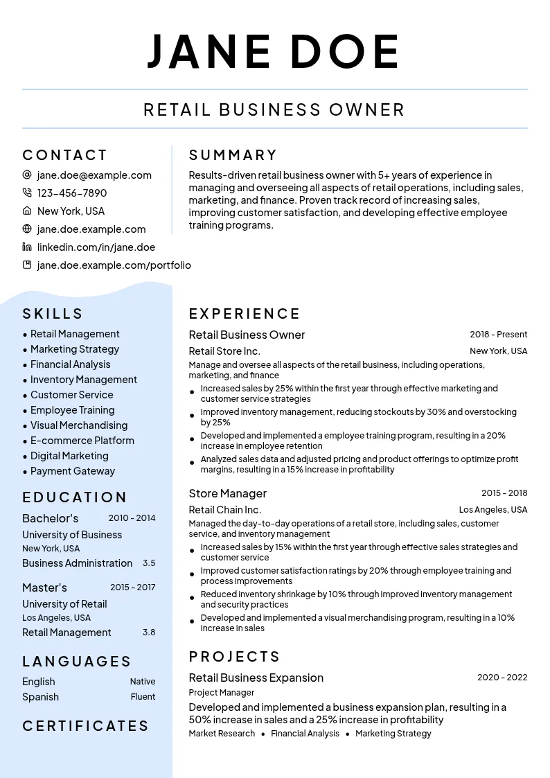 Retail Business Owner resume example