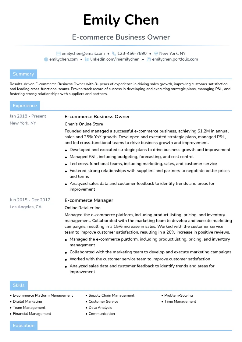 E-commerce Business Owner resume example