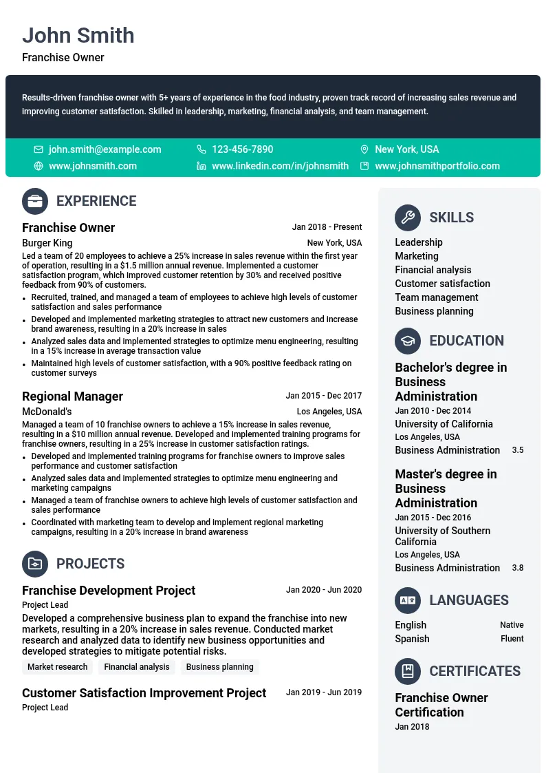 Franchise Owner resume example