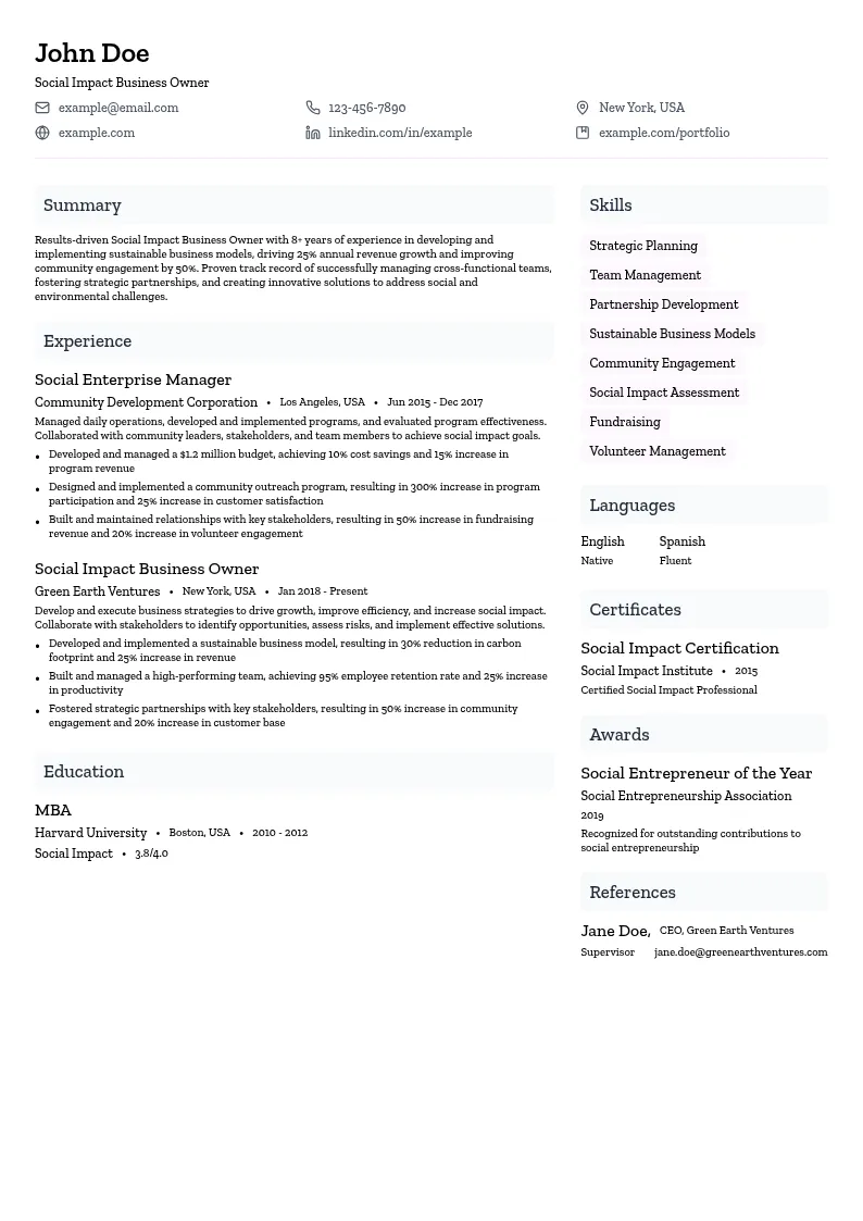 Social Impact Business Owner resume example