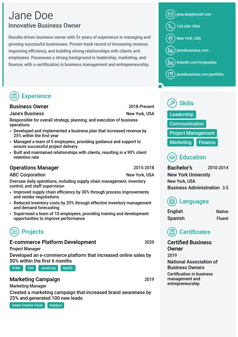 Innovative Business Owner resume example