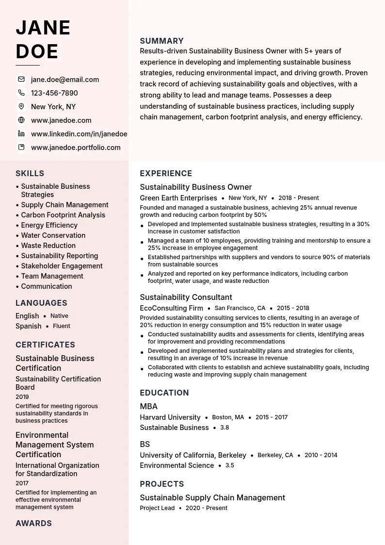 Sustainability Business Owner resume example