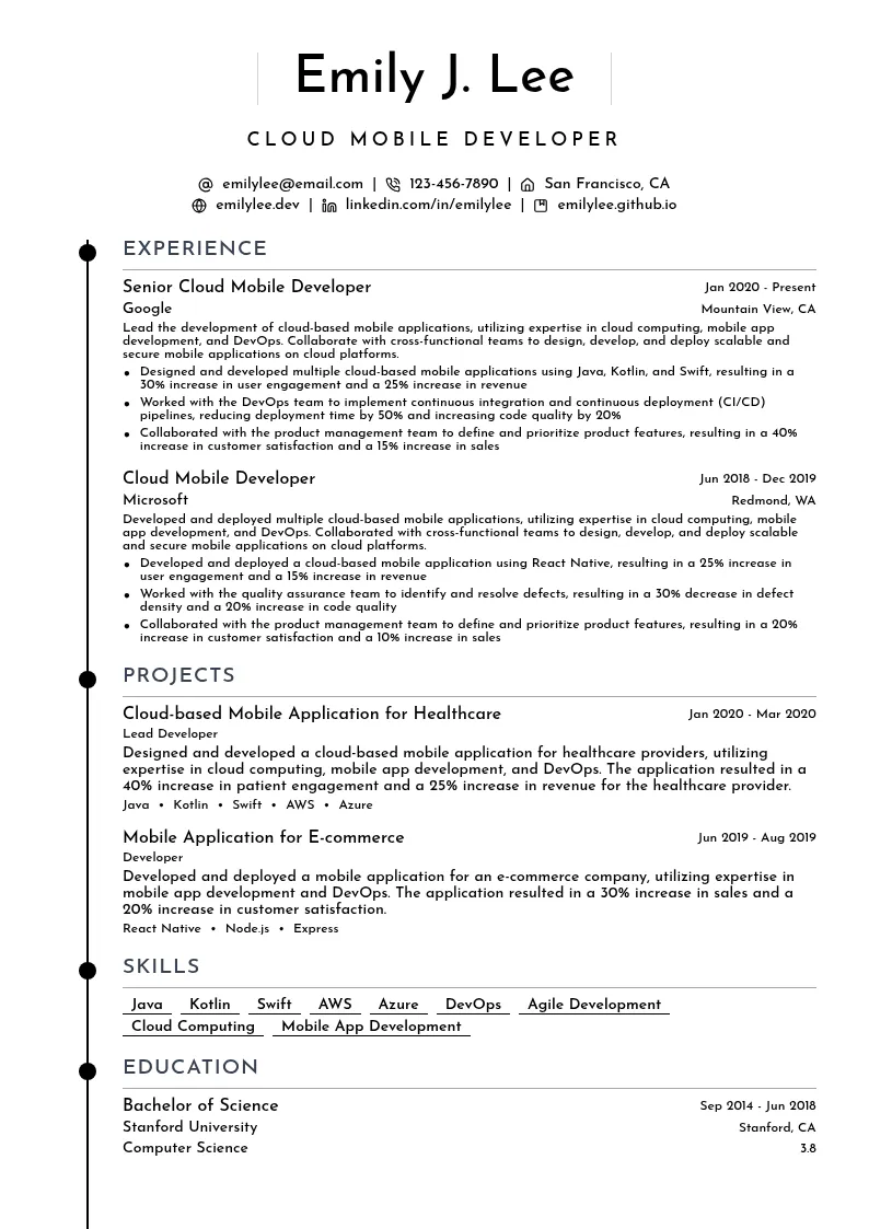 Cloud Mobile Developer resume example