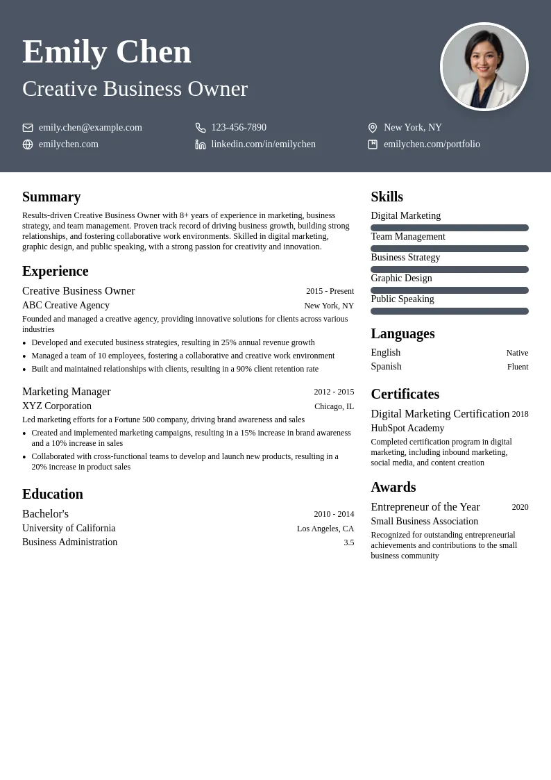 Creative Business Owner resume example