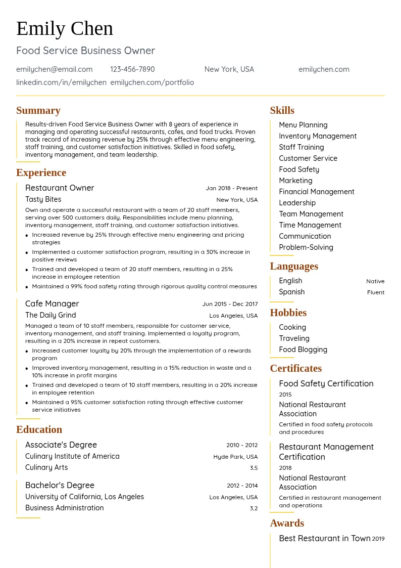 Food Service Business Owner resume example