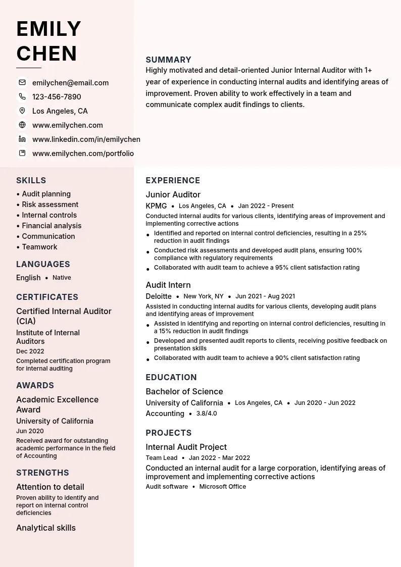 Junior Internal Auditor resume example