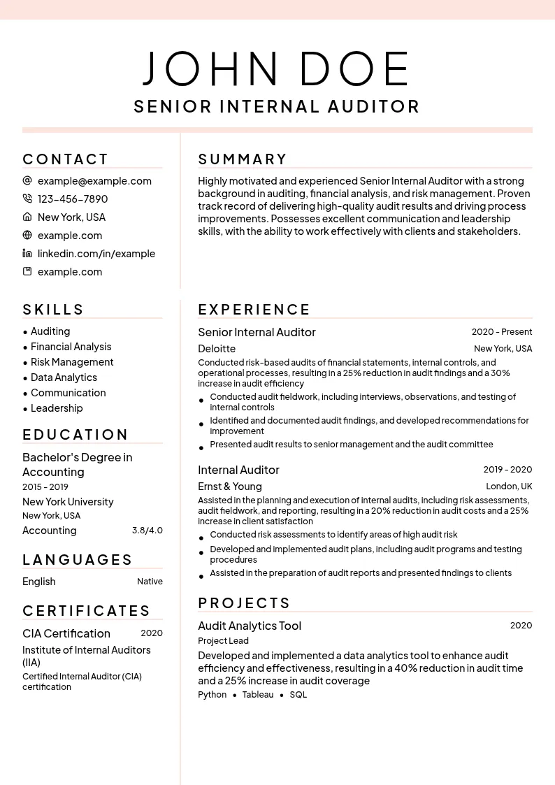 Senior Internal Auditor resume example