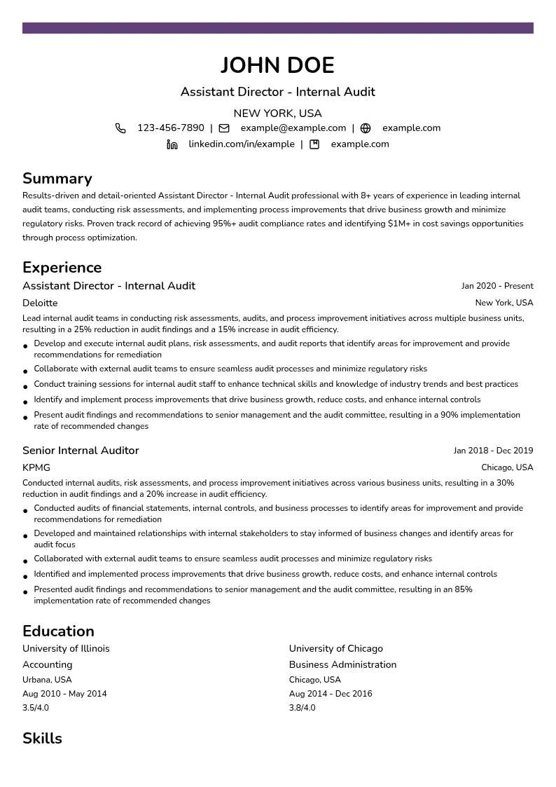 Assistant Director - Internal Audit resume example