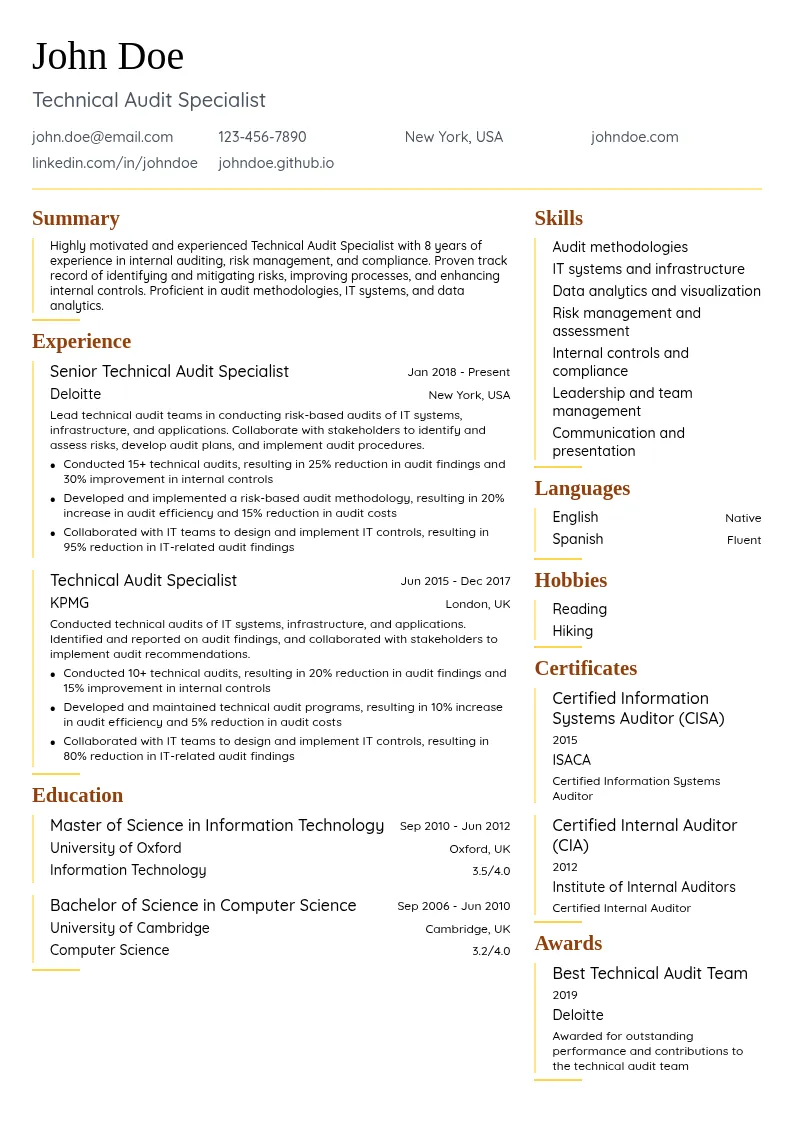 Technical Audit Specialist resume example