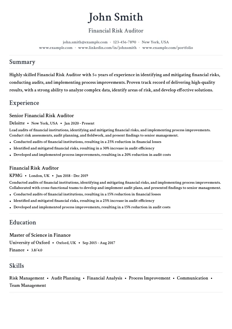 Financial Risk Auditor resume example
