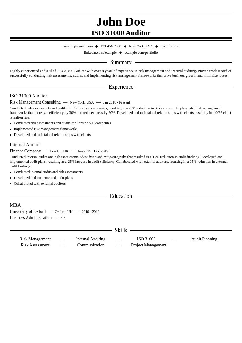 ISO 31000 Auditor resume example