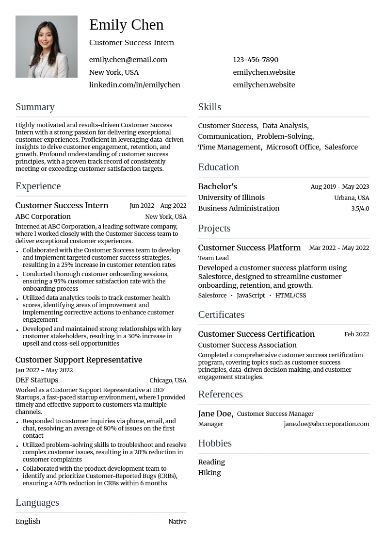 Customer Success Intern resume example