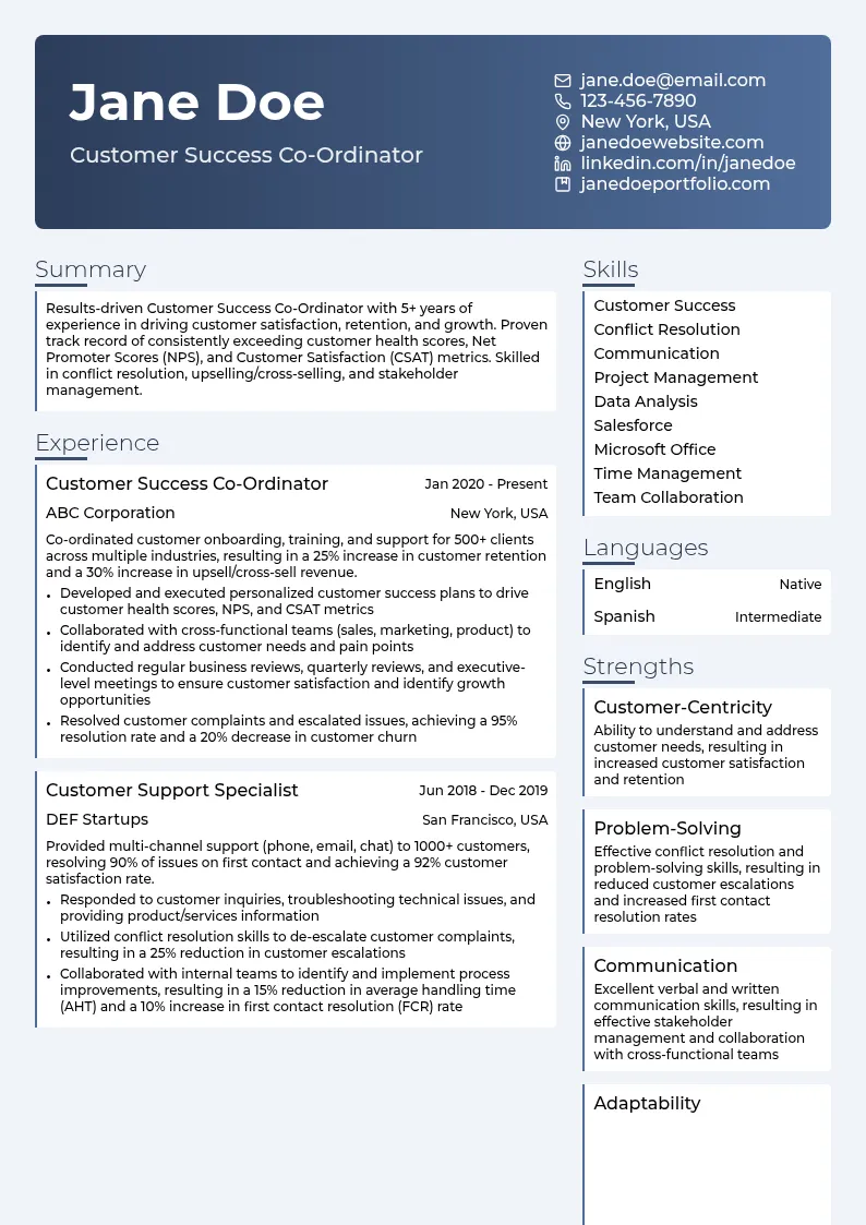 Customer Success Co-Ordinator resume example