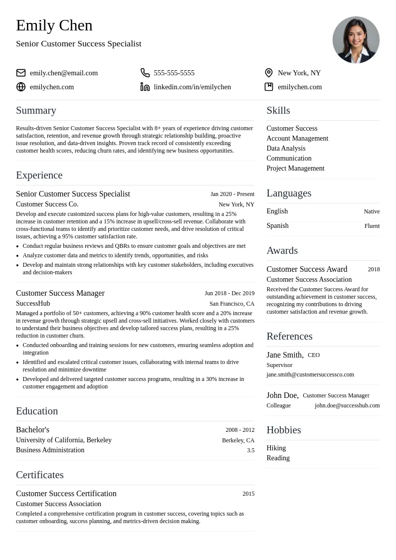 Senior Customer Success Specialist resume example