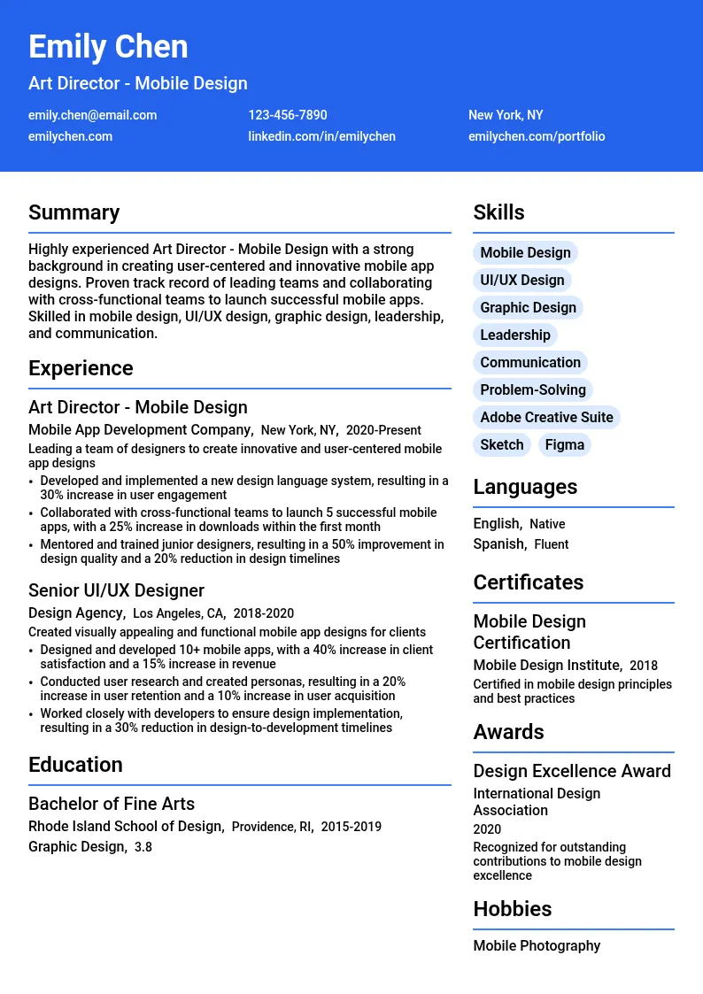 Art Director - Mobile Design resume example