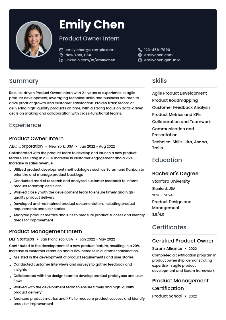 Product Owner Intern resume example