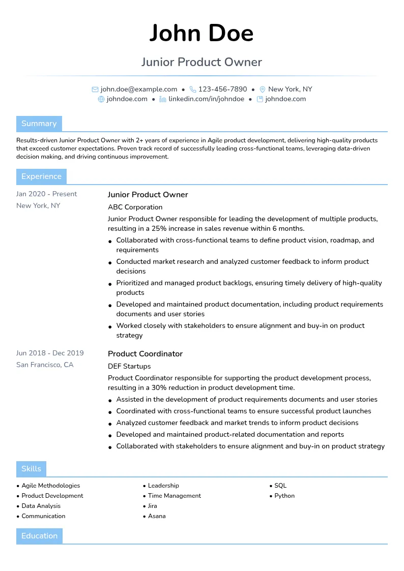 Junior Product Owner resume example