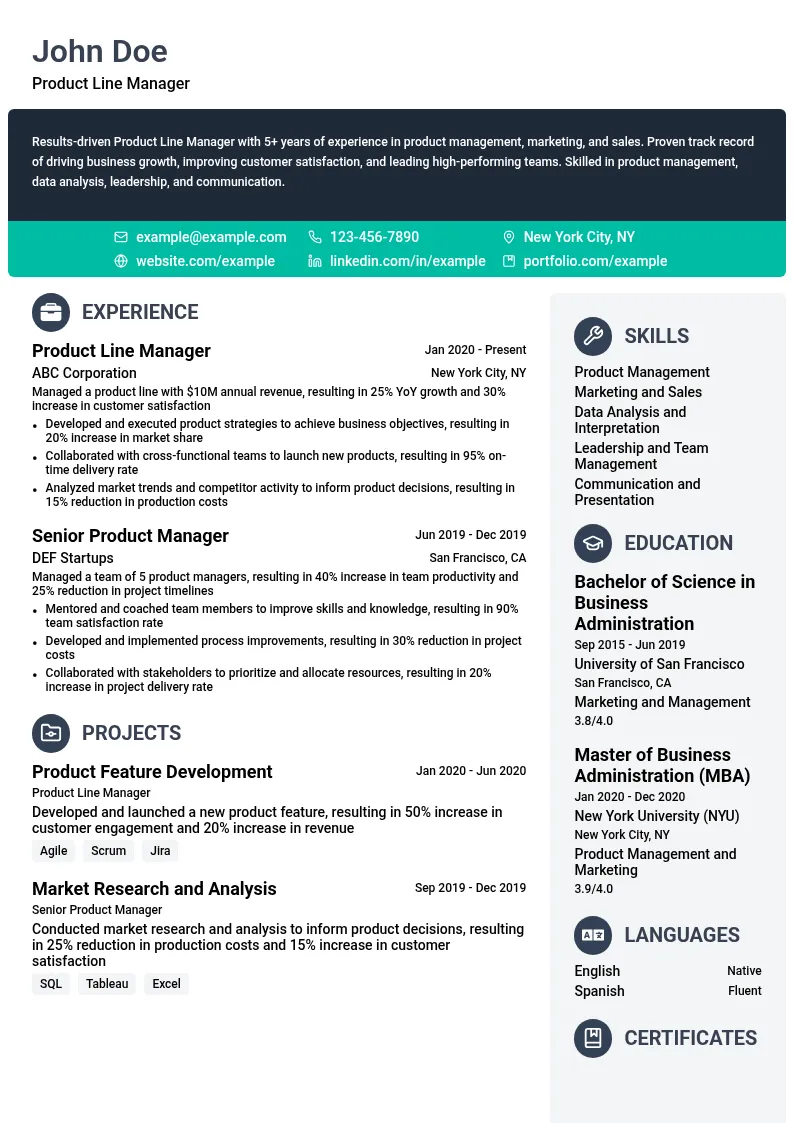 Product Line Manager resume example