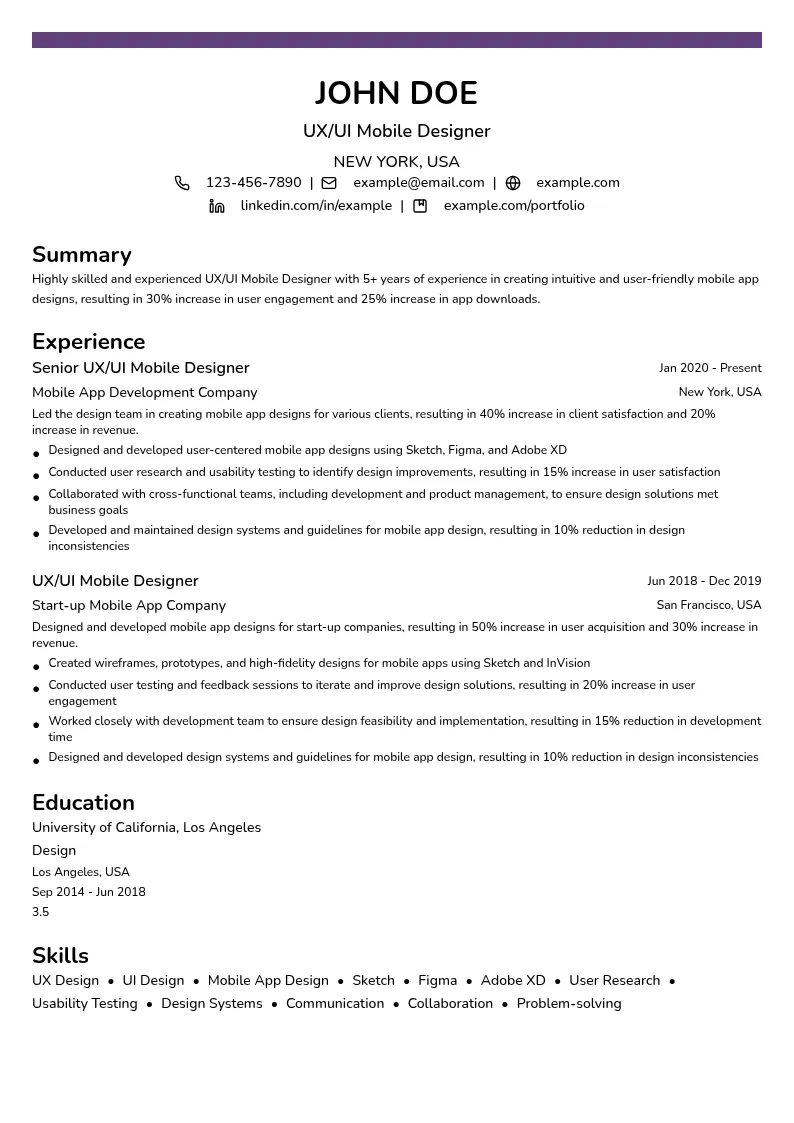 UX/UI Mobile Designer resume example