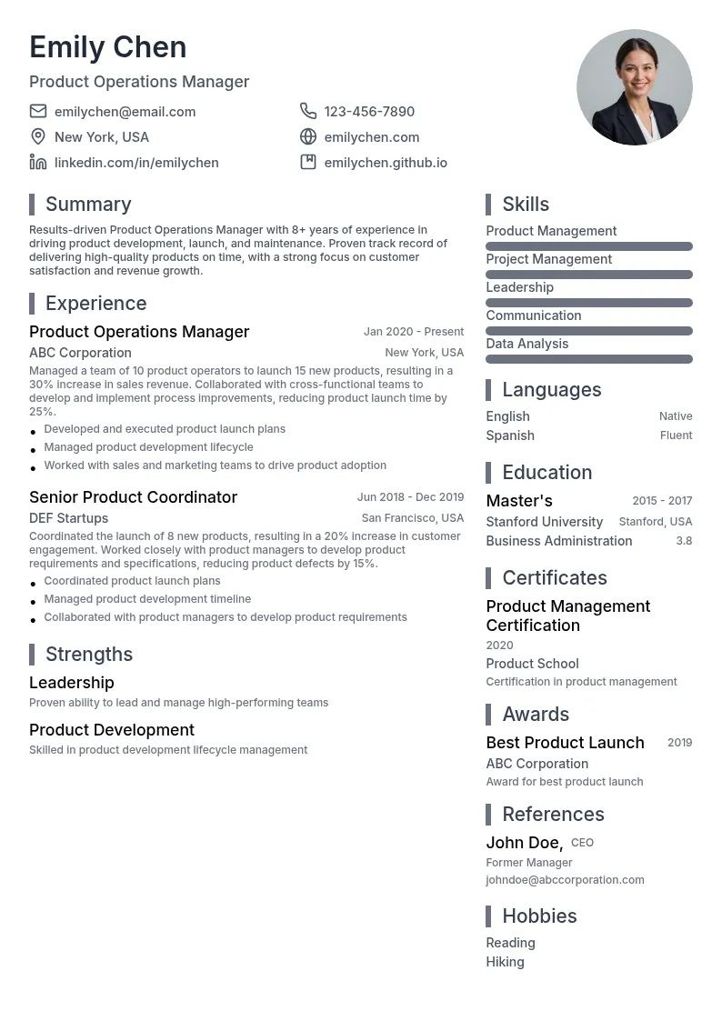 Product Operations Manager resume example