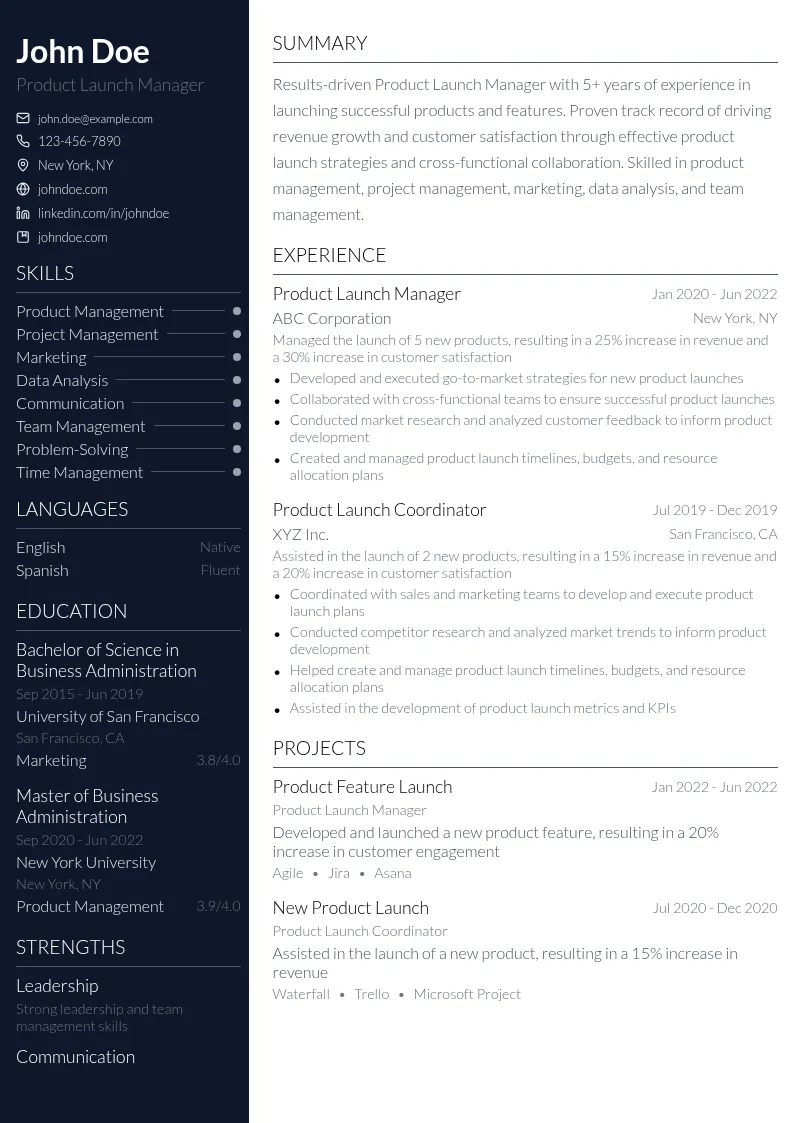 Product Launch Manager resume example