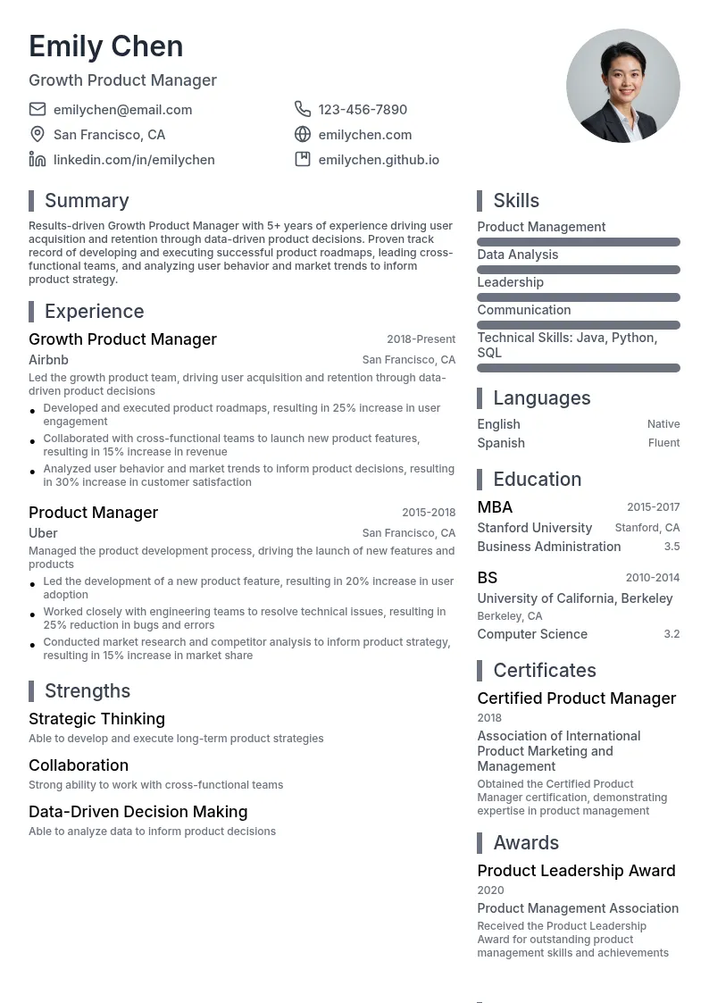 Growth Product Manager resume example