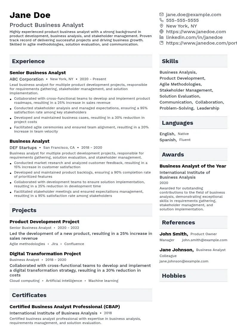 Product Business Analyst resume example