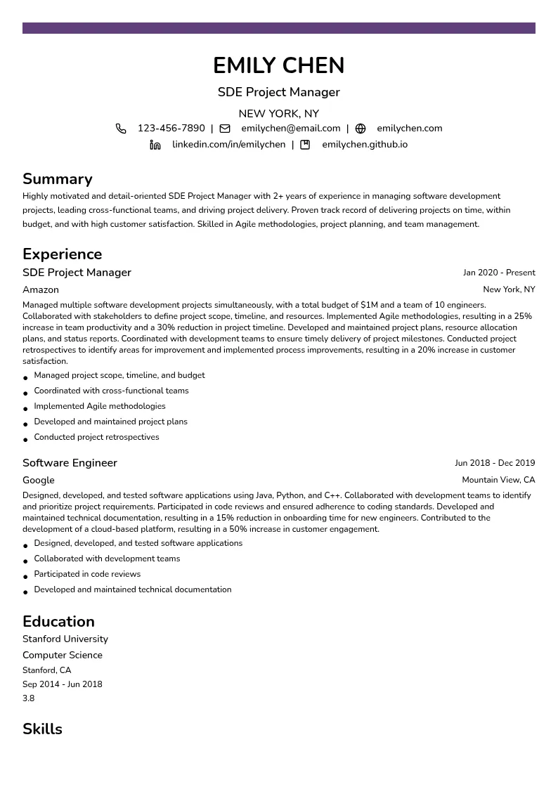 SDE Project Manager resume example