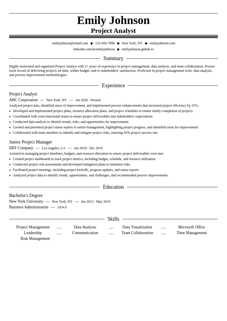 Project Analyst resume example