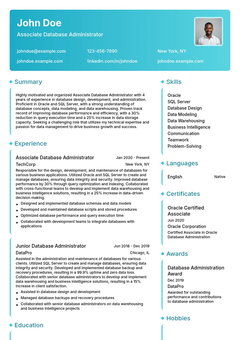 Associate Database Administrator resume example