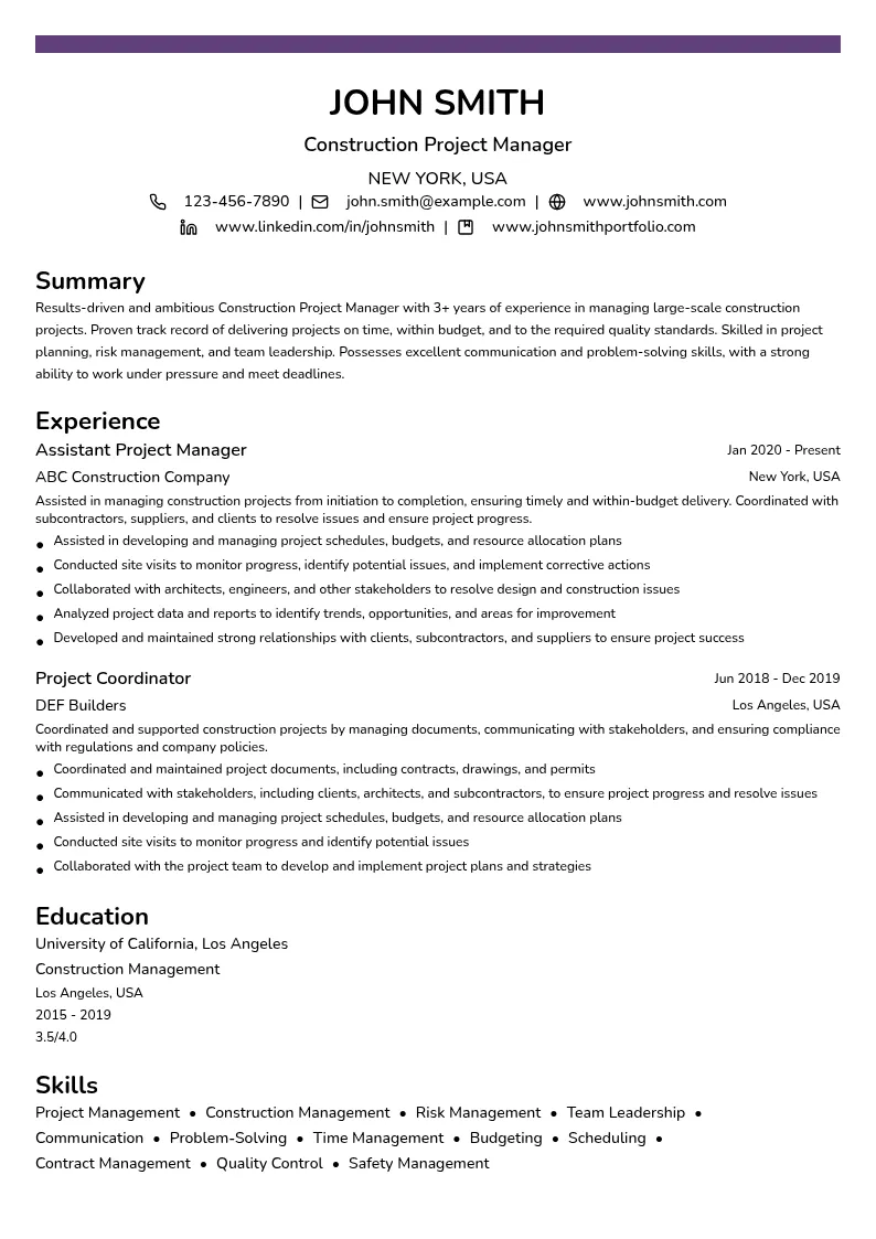 Construction Project Manager resume example