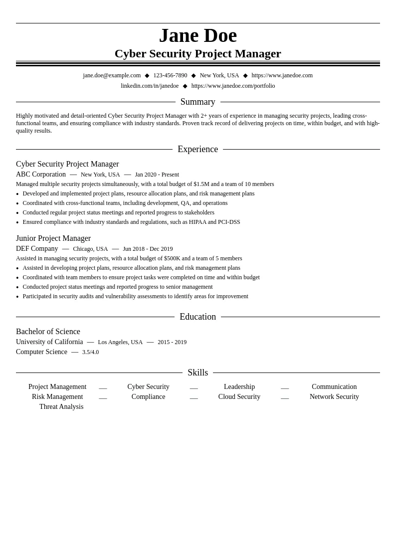 Cyber Security Project Manager resume example