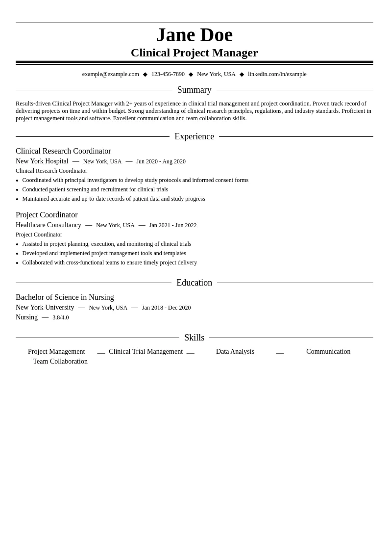 Clinical Project Manager resume example