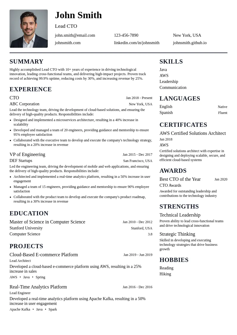 Lead CTO resume example