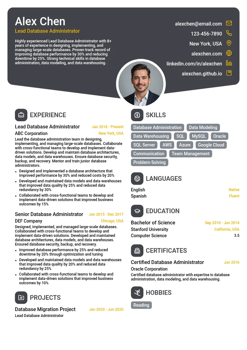 Lead Database Administrator resume example