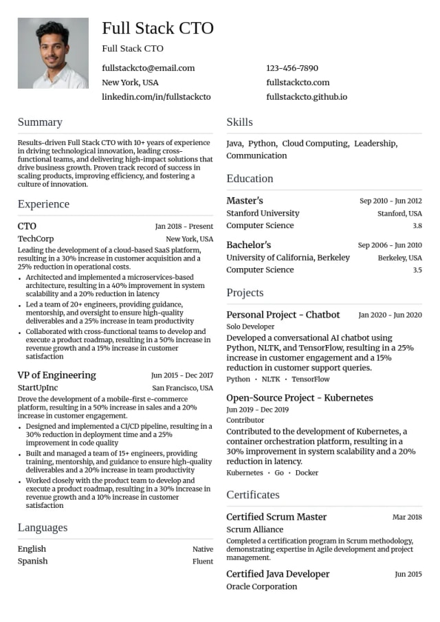 Full Stack CTO resume example