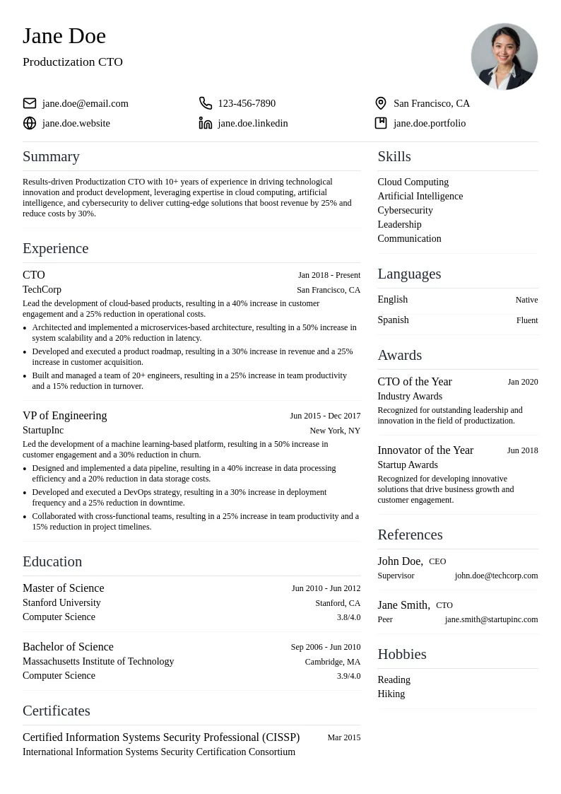 Productization CTO resume example